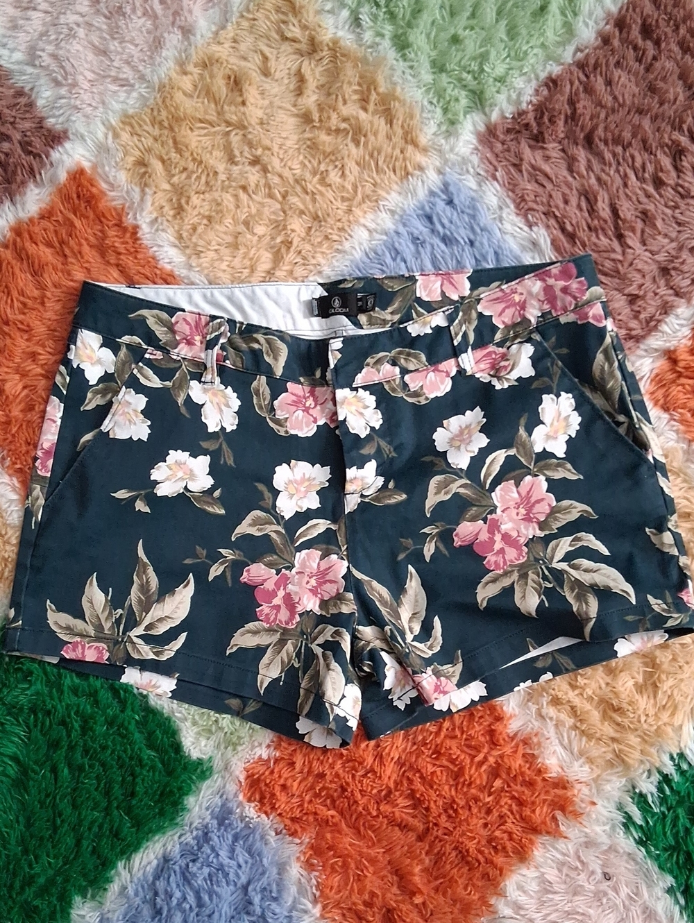 Volcom Floral Bermuda Shorts - Dark Green with Pink & Cream Flowers